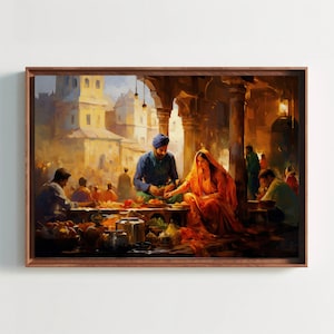 A Punjabi Couple In a Bazaar Painting, Indian Home Decor, India Wall Art, Indian Canvas Print, Indian Punjabi Restaurant Decor