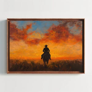 Cowboy Riding at Sunset Canvas Print, Western Landscape Painting, Rustic Country Wall Art for Living Room or Office Decor
