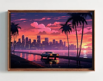 Miami Vice Poster | Retro 80s Cityscape Framed Canvas
