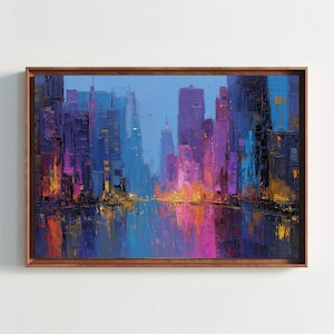Cityscape at Night Textured Canvas – Urban Skyline Oil Painting, Vibrant Abstract City Art, Modern City Lights Wall Decor
