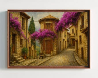 Provence Village Canvas Print: Bougainvillea, Rustic French Decor