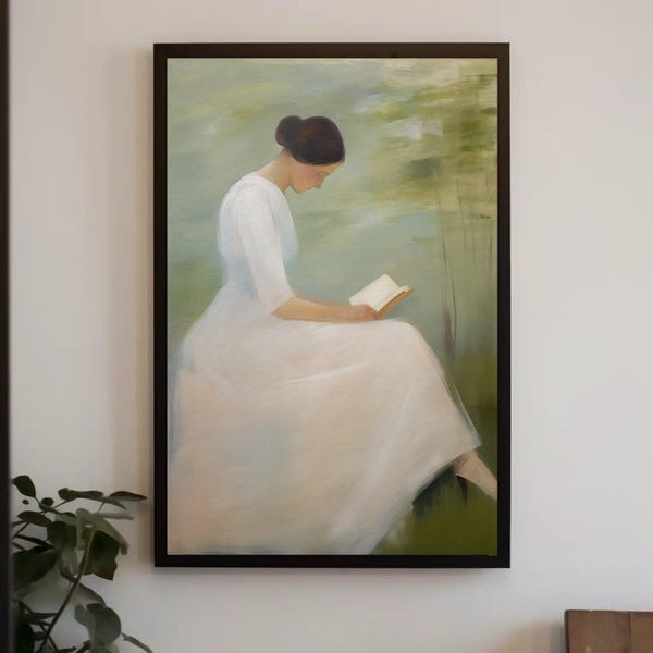 Kunstprint van een vrouw die een boek leest - Minimalistisch impressionistisch schilderij