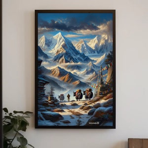 Himalayan expedition With Yaks Painting, Indian Painting, Nepal Art, Canvas Framed Poster, Signed Original Artwork Print, Living Room Decor