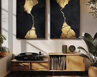 Kintsugi Canvas Print Set | Black and Gold Abstract Diptych