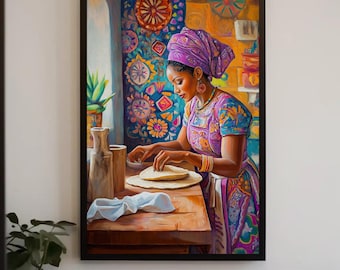 African Kitchen Lady Canvas Art | Colorful Rustic Cooking Wall Decor