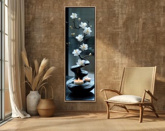 Zen Magnolia Wall Art, Tall Tranquil Blossom Canvas Print, Minimalist Spa Bathroom Decor