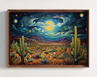 Sonoran Desert Night Canvas Print, Mexican Cactus Wall Art, Framed