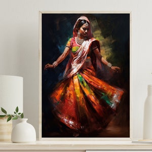 Traditional Rajasthani Dance, India wall art, beautiful Indian woman folk dance painting, Indian Woman Folk Dance Large Canvas Print