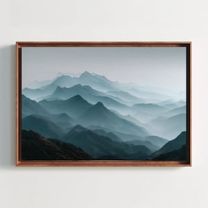Misty Mountain Wall Art | Blue Ridge Mountains Canvas Print | Foggy Forest Landscape | Minimalist Nature Painting for Bedroom Above Bed