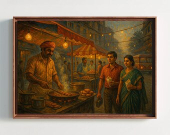 Indian Street Food Market Print, Romantic Evening Scene