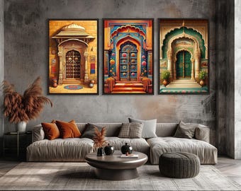 May include: A set of three framed wall art prints depicting ornate architectural doorways. The left print shows a tan stone entrance, the centre print features a vibrant blue and orange arched door, and the right print displays a green arched door.