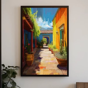 Mexican Courtyard Vertical Canvas Painting - Colorful Mexico Wall Decor - Framed Mexican Courtyard Scene for Home, Ready to Hang, Gift Print