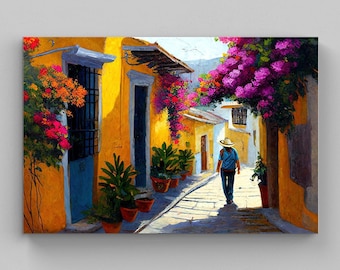 May include: A vibrant oil painting depicting a narrow sunlit street lined with bright yellow buildings, terracotta pots with green plants, and cascading magenta bougainvillea flowers. A figure wearing a hat and blue shirt walks down the path.