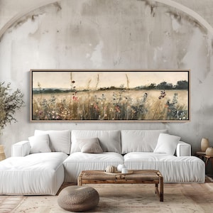 Cuadro al óleo de un campo de flores silvestres vintage en tonos apagados, lienzo extragrande horizontal, decoración rústica panorámica para la pared del dormitorio, encima de la cama.