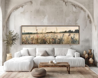 Muted Vintage Wildflowers Field Oil Painting, Long Horizontal Extra Large Canvas Art, Panoramic Rustic Wall Decor for Above the Bed Bedroom