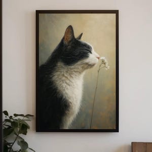 Vintage Tuxedo Cat Print | Cottagecore Smelling Flower Wall Art