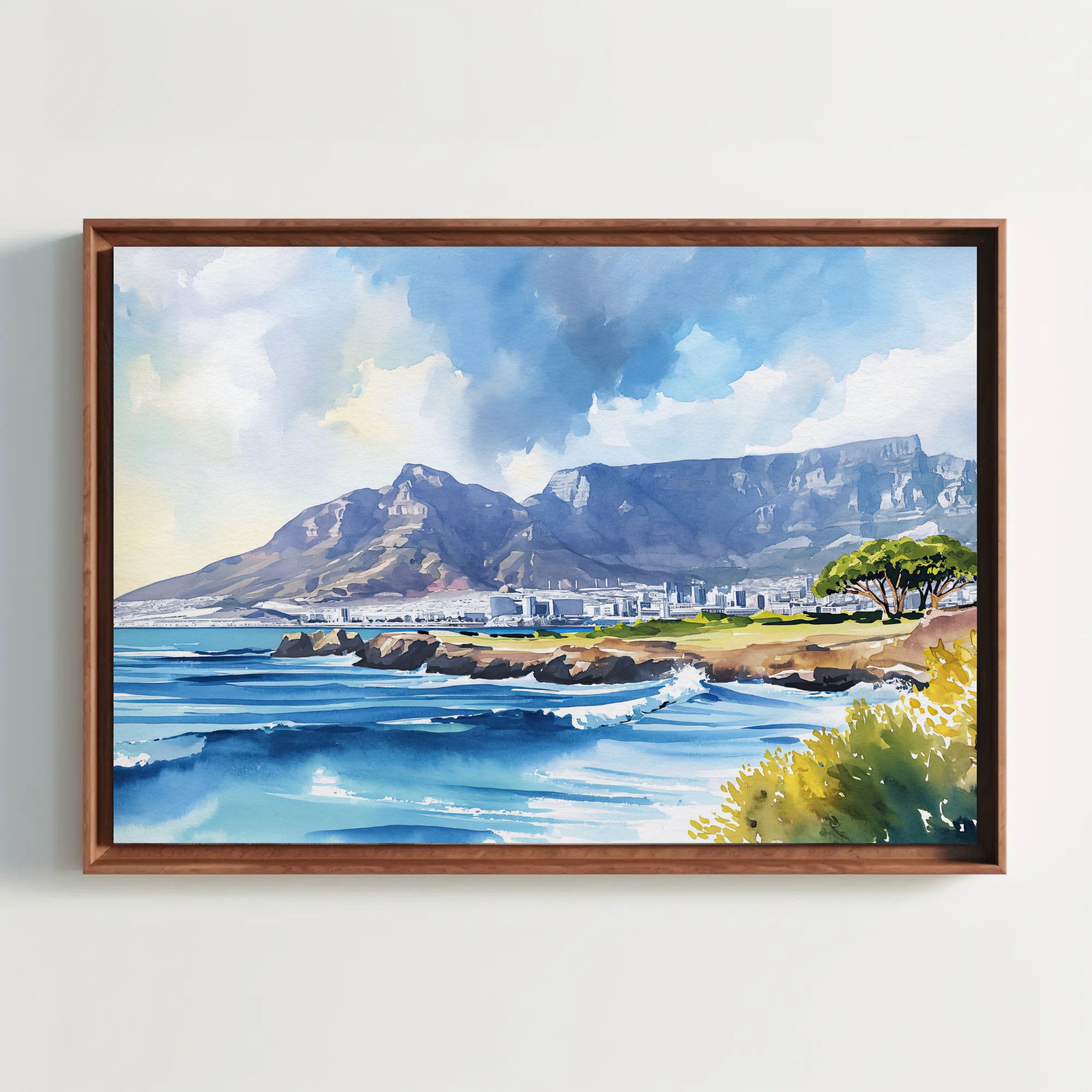 Cape Town Watercolor Print, Table Mountain Large Canvas Print, South African Wall Decor, South Africa Art, Framed Poster Ready To Hang