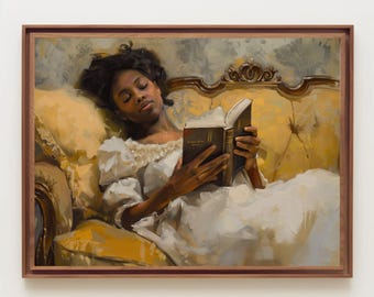 May include: An oil painting in a wooden frame depicting a person with dark hair wearing a white dress, reclining on a tufted yellow sofa while reading an open book. The scene features soft brushstrokes, warm golden tones, and a decorative headboard.