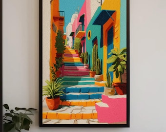 Vibrant Mexican Street Canvas Print – Colorful Boho Latin Home Decor