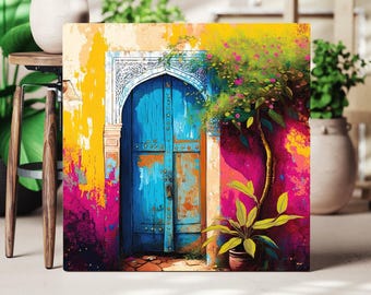 Impresión artística de puerta marroquí, decoración colorida del norte de África
