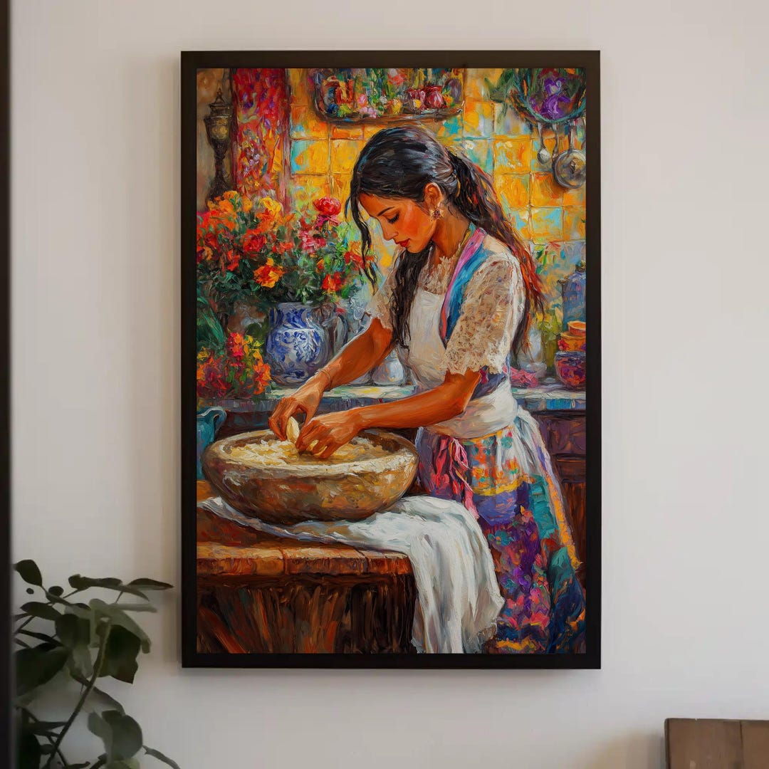 Mexican Girl Cooking Canvas Print, Traditional Mexican Painting