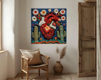 Huichol Yarn Art, Cactus Flower Heart, Mexican Folk Art Wall Decor