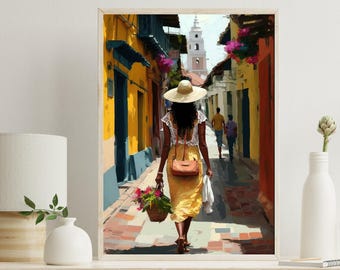 Cartagena Woman Canvas Print, Caribbean Travel Art, Colombia Wall Decor