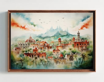 May include: A framed watercolor painting depicting a city with terracotta-colored buildings, domed roofs, and a tall tower nestled among green palm trees. The sky features soft washes of blue and orange clouds with small birds flying above.