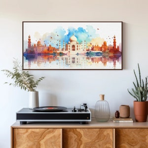 India Taj Mahal and Ancient Architecture Long Framed Canvas | Extra-large Wall Art | Desi Art | South Asian Art I Indian Art | Antarmada Art