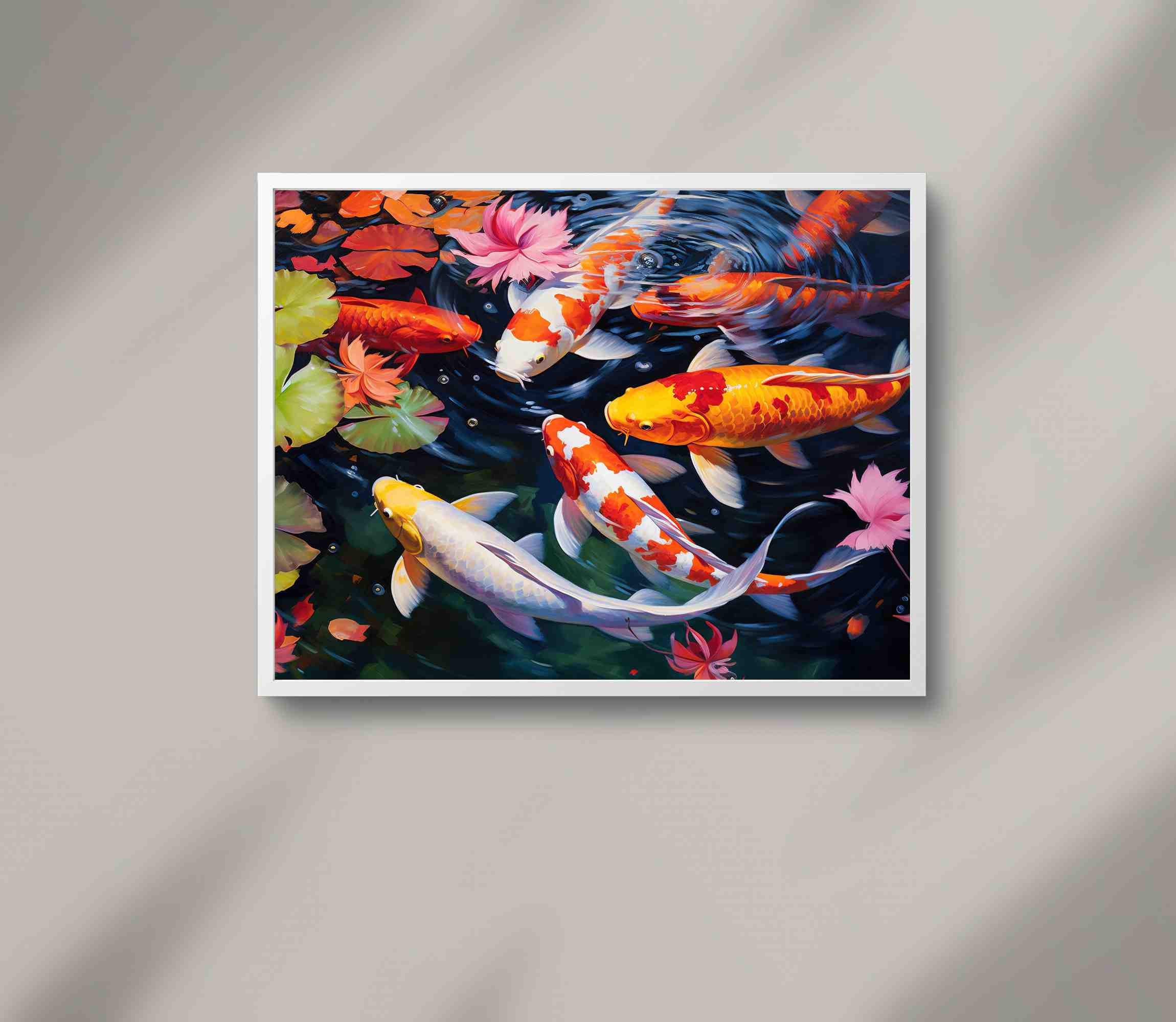 大きなキャンバスに描かれたカラフルな鯉の池の油絵、鯉の絵画、鯉の