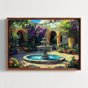 Mexican Patio Wall Art | Mexican Villa Courtyard with Flowers and Fountain Painting Canvas Print | Mexican Wall Art | Framed Mexico Decor