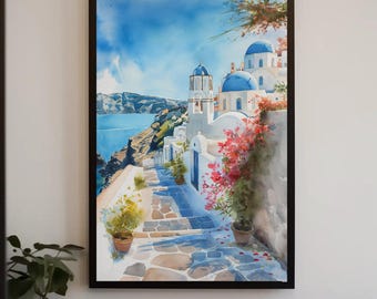 May include: A framed watercolor painting depicting a coastal Mediterranean village with white buildings, blue domes, and stone pathways. Vibrant pink bougainvillea flowers cascade down a wall, overlooking a deep blue sea under a clear sky.