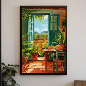 May include: A framed painting shows a sunlit interior with an open turquoise door and window overlooking a balcony and distant mountains. Potted plants, a table with oranges, and a woven chair are in the foreground. The artwork uses warm colours and evokes a Mediterranean vibe.