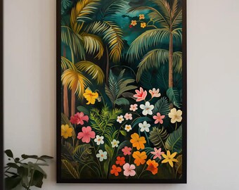May include: A rectangular framed wall art print featuring a dense tropical jungle scene with tall palm trees and a variety of colorful flowers in shades of pink, orange, yellow, and white set against a dark green foliage background.