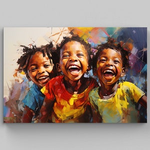 Happy African Kids Colorful Large Canvas Art, African Black art, Children Laughing Framed Wall Art, Black Art, Afro Art, African Children