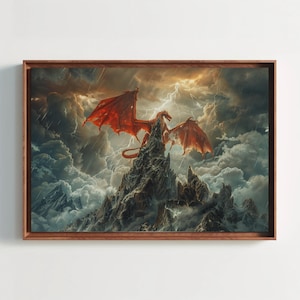 Majestic Red Dragon and Thunder Canvas Print - Extra Large Fantasy Storm Artwork - Mythical Creature Wall Art for Game Room or Heroic Decor