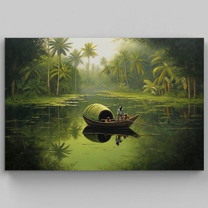 Hand Painted Silk Scarf, Scenery with Canoe floating on a river