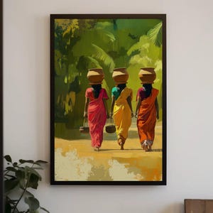 Indian Village Women Carrying Pots Canvas Print, Traditional Indian Women in Sarees, Cultural Vertical Wall Art, Indian Heritage Painting