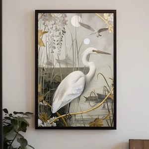 Bird Canvas Wall Art Great egret Print Bird Lovers Wall Art Elegant Home Decor Gold white wall Decor Framed Ready To Hang