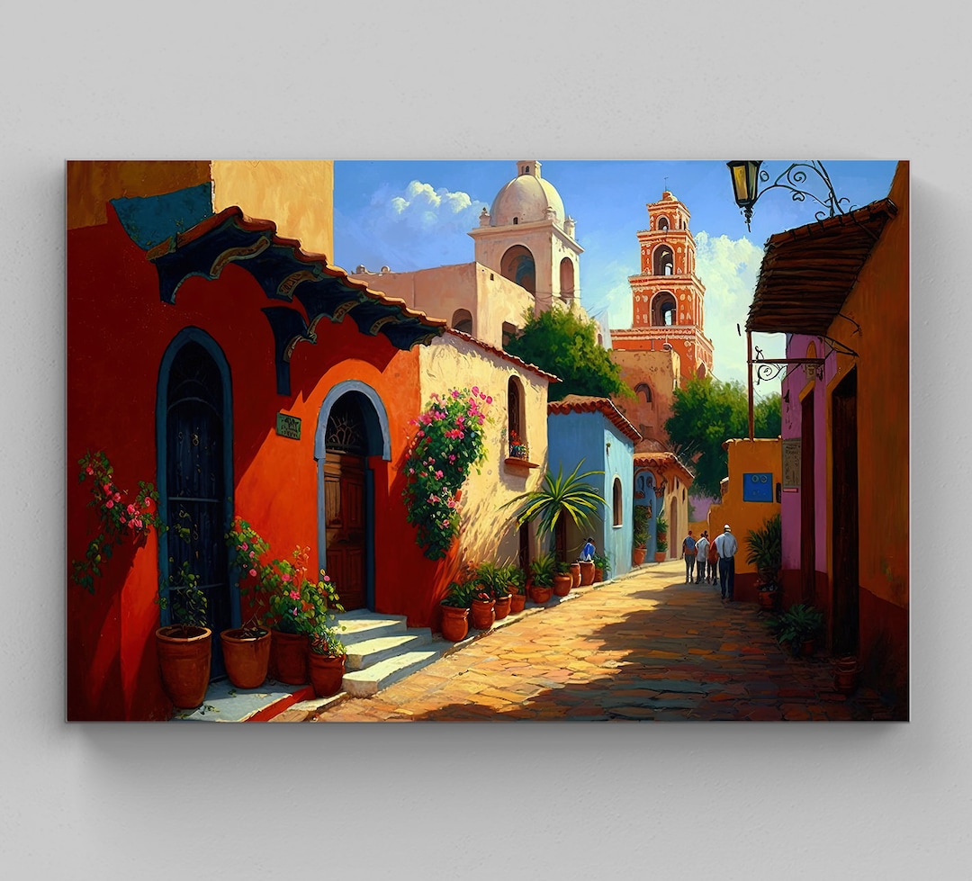 Mexican Village Scene Art, Colorful Wall Art for Living Room, Ethnic