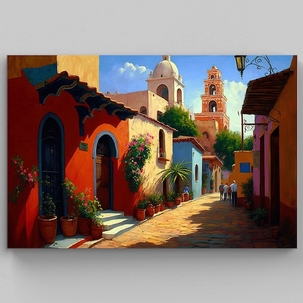 Mexican Village Scene Art, Colorful Wall Art for Living Room, Ethnic Art Prints for Home Decor, Traditional Mexican Art, Vibrant Wall Decor