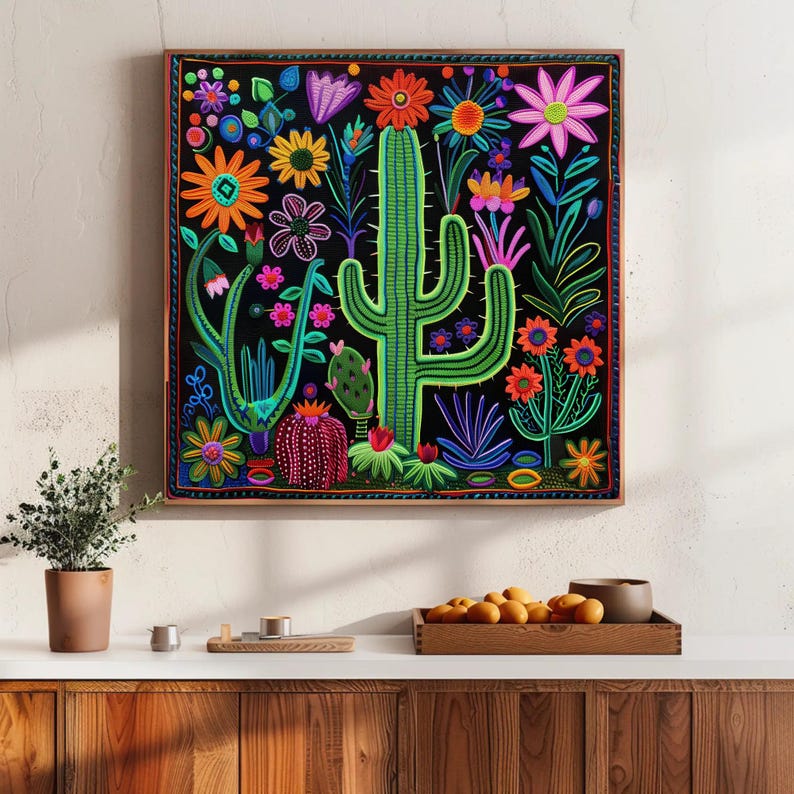 a painting of a cactus and flowers on a wall