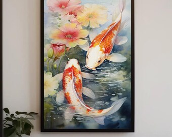 Quadro em tela com carpas koi, decoração japonesa, pronto para pendurar.