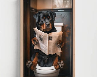 Rottweiler Dog on Toilet Reading Newspaper, Funny Bathroom Canvas Art