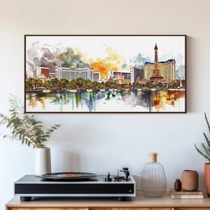 Las Vegas Strip Canvas Wall Art - Nevada Panoramic Landscape Framed Poster - Watercolour Painting - LA Art - Office Decor - Ready to Hang