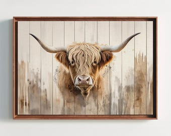 Highland Cow Wood Canvas Print, Rustic Farmhouse Wall Art, Framed