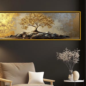 Gold Tree Canvas Art: Panoramic Metallic Landscape Painting