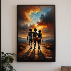 Three African Kids Print, African Black Art, African Children Framed Canvas. Poster Print, African Home Decor Gift African American Art
