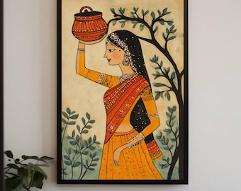 May include: A framed painting depicting a figure in a yellow and orange garment carrying a terracotta-colored pot on their head. The figure has long black hair and is adorned with jewelry, standing beside a dark tree with green leaves on a cream background.