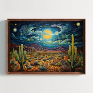 Mexican Desert Night Large Canvas Painting, Sonoran Desert Wall Art, Mexican Cactus Wall Art, Framed Print Stretched Canvas Ready To Hang